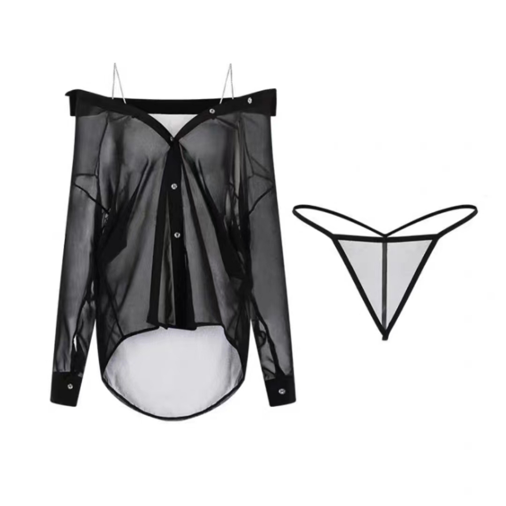 ( Q1,HCM）🤩Đồ Ngủ Sexy🤩 2 dây Áo sơ mi ngủ voan xuyên thấu siêu đen + trắng--shirt (042)