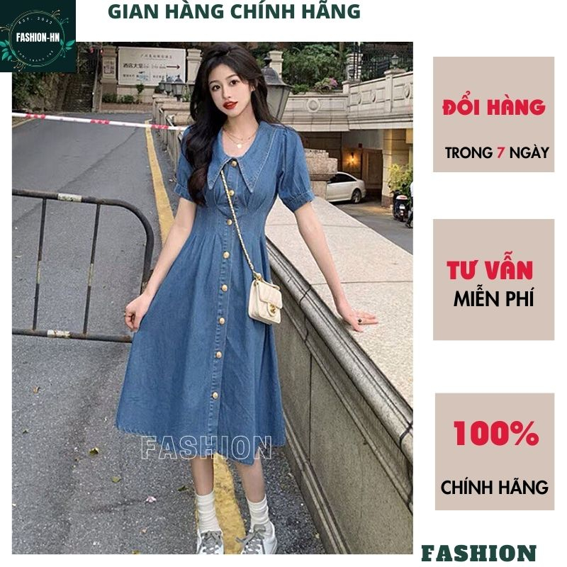 Đầm jean xòe maxi dáng dài tay bồng cộc - Váy bò nữ cúc giữa chiết ly eo màu xanh thời trang FASHION VB01