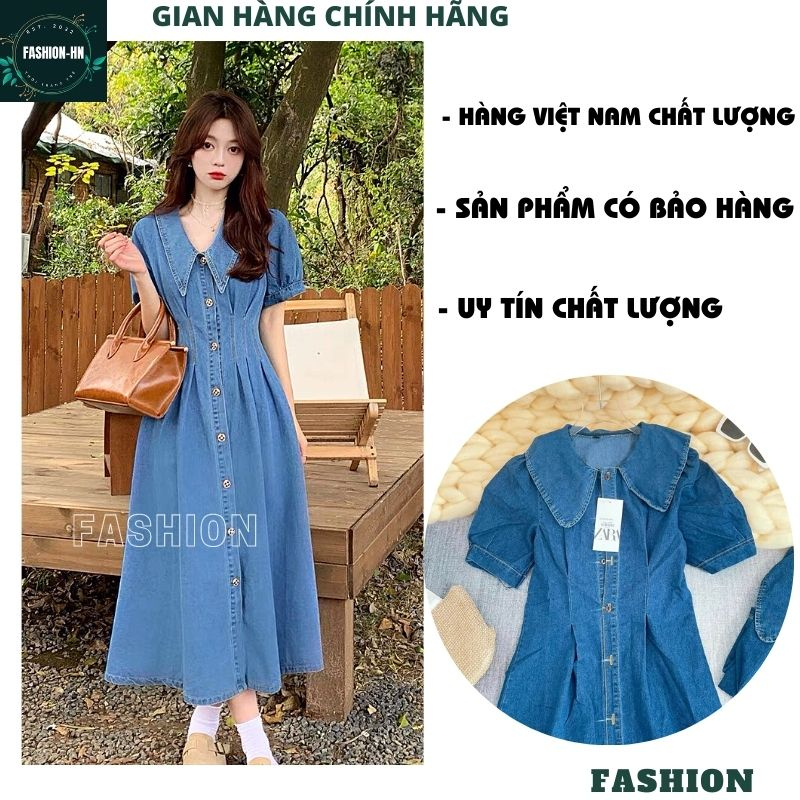 Đầm jean xòe maxi dáng dài tay bồng cộc - Váy bò nữ cúc giữa chiết ly eo màu xanh thời trang FASHION VB01