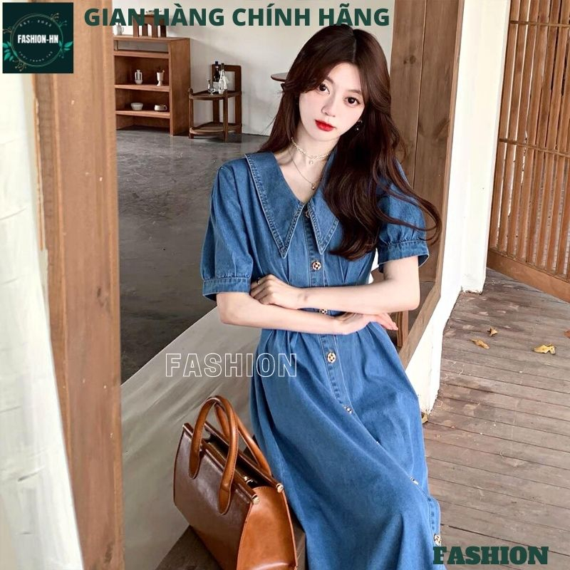 Đầm jean xòe maxi dáng dài tay bồng cộc - Váy bò nữ cúc giữa chiết ly eo màu xanh thời trang FASHION VB01