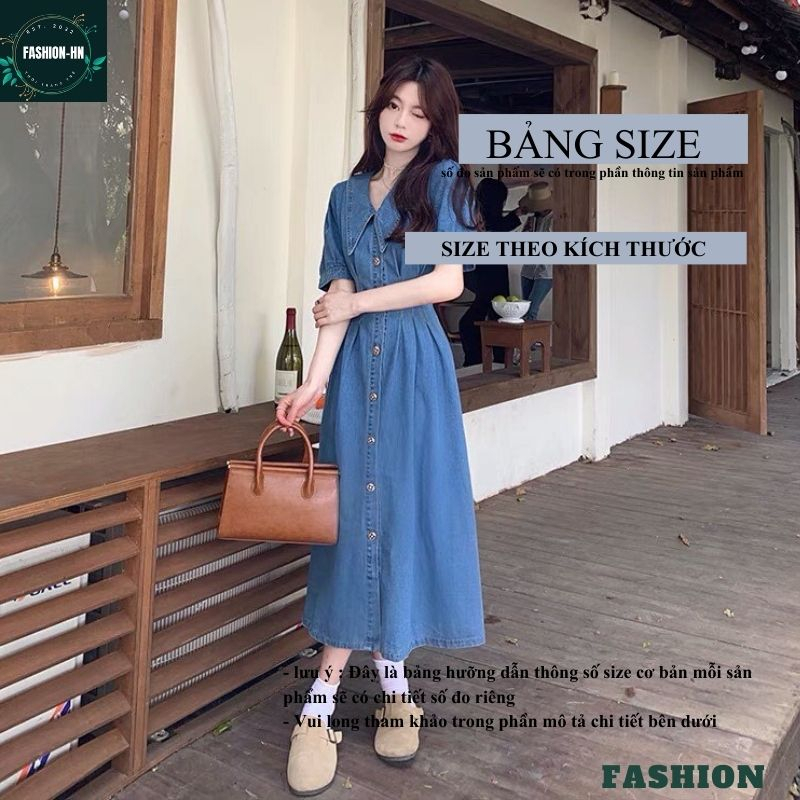 Đầm jean xòe maxi dáng dài tay bồng cộc - Váy bò nữ cúc giữa chiết ly eo màu xanh thời trang FASHION VB01