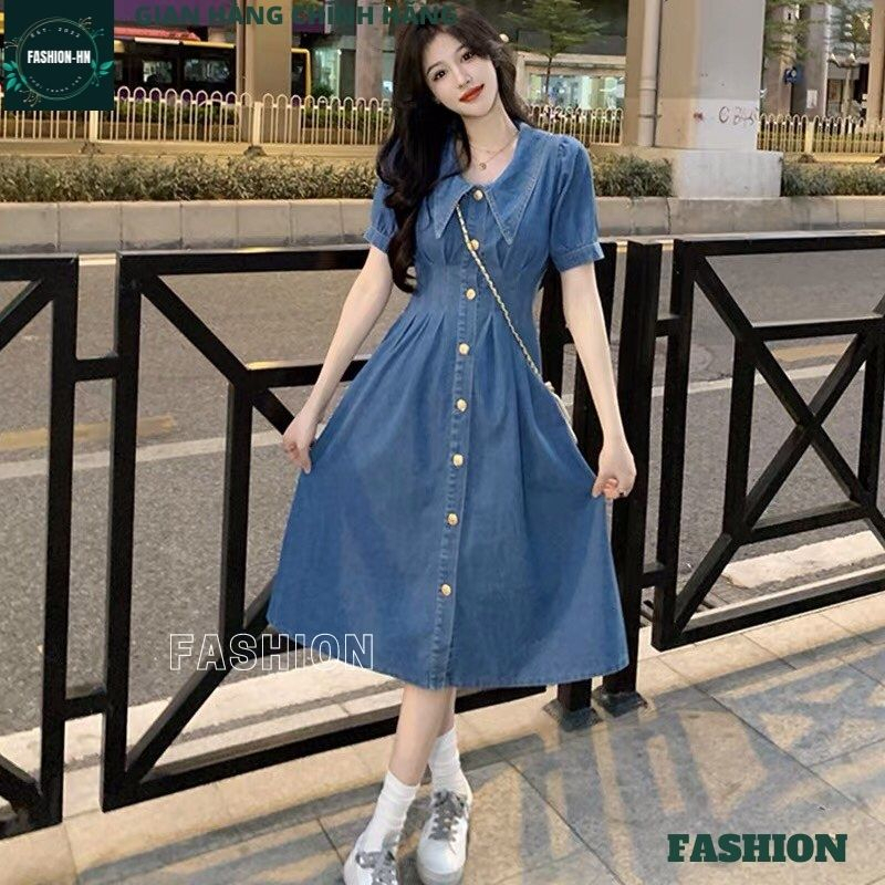 Đầm jean xòe maxi dáng dài tay bồng cộc - Váy bò nữ cúc giữa chiết ly eo màu xanh thời trang FASHION VB01
