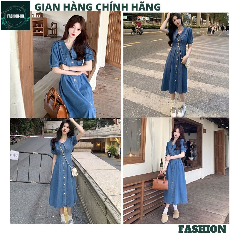 Đầm jean xòe maxi dáng dài tay bồng cộc - Váy bò nữ cúc giữa chiết ly eo màu xanh thời trang FASHION VB01