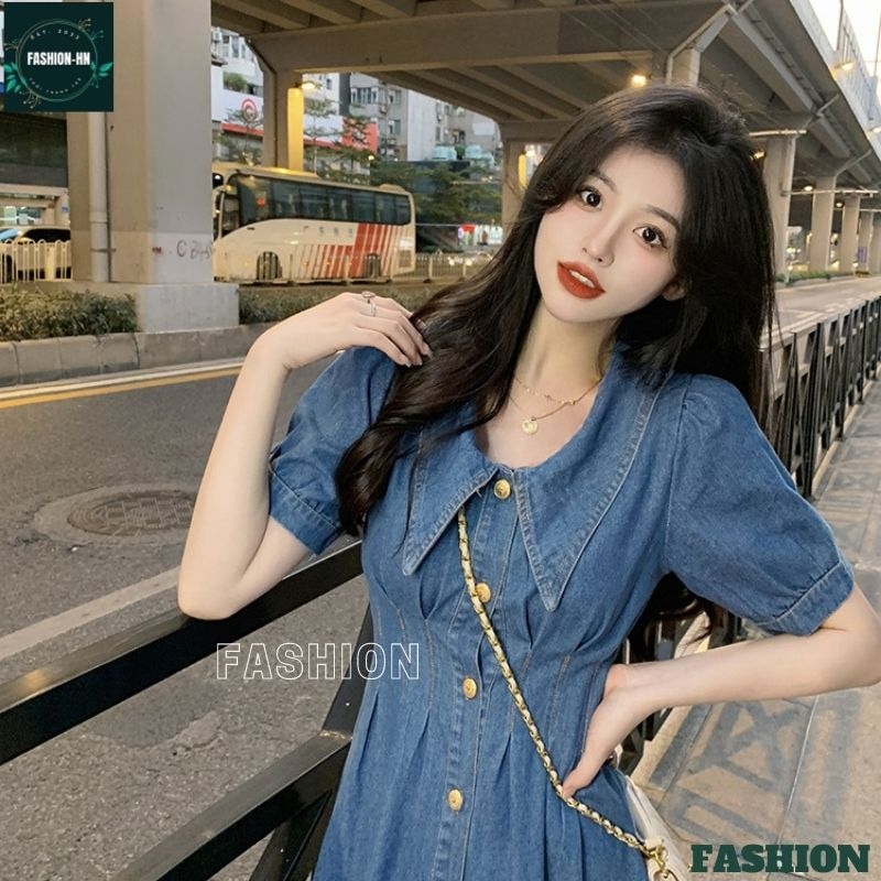 Đầm jean xòe maxi dáng dài tay bồng cộc - Váy bò nữ cúc giữa chiết ly eo màu xanh thời trang FASHION VB01