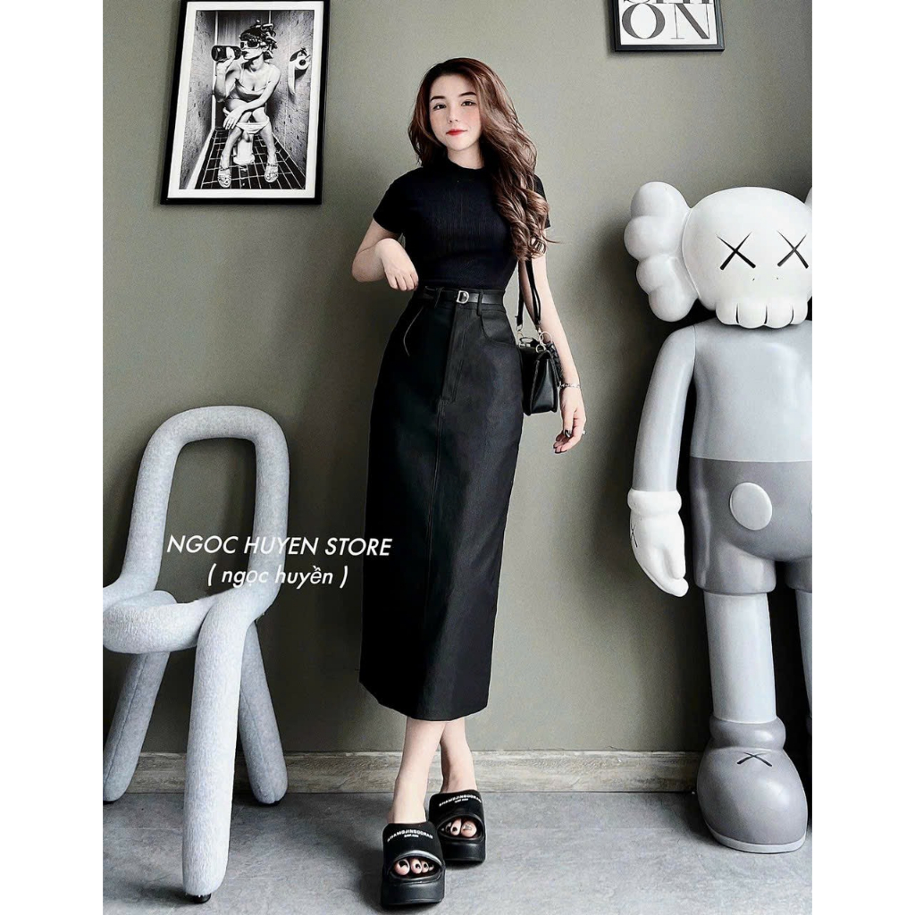 Set áo thun basic tay ngắn cổ tròn mix chân váy dài kaki qua gối kèm dây nit, set váy 2 màu trắng đen đơn giản cá tính
