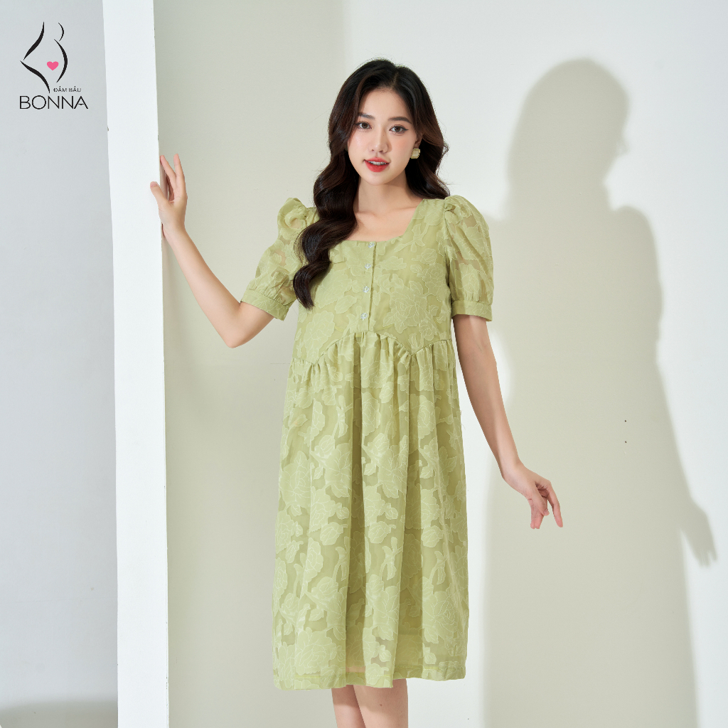 Đầm bầu mùa hè BONNA thiết kế dáng suông rộng rãi thoải mái, cổ vuông nữ tính, chất vải đũi hoa cao cấp lót lụa VS360