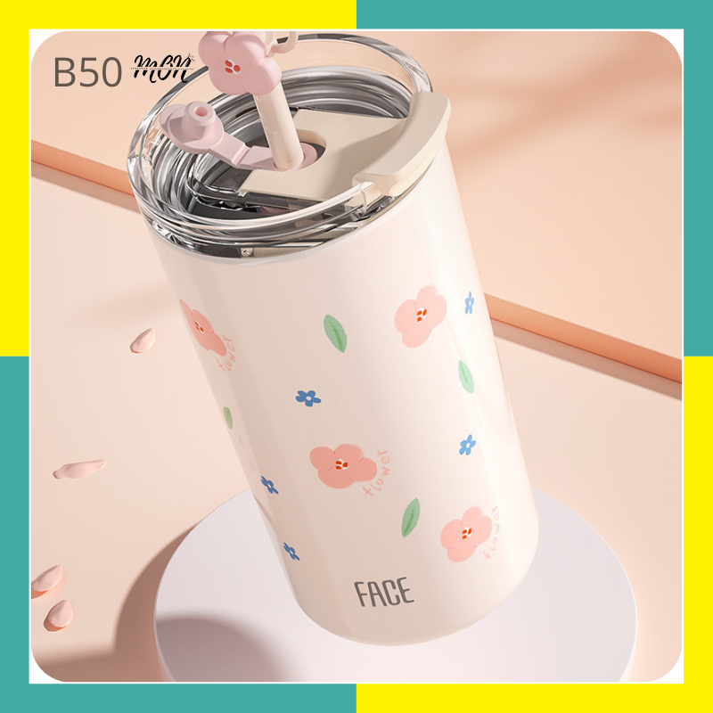 🌸sẵn🌸 Ly nước giữ nhiệt inox 316 họa tiết hoa baby dễ thương, tặng kèm túi nhựa - B50