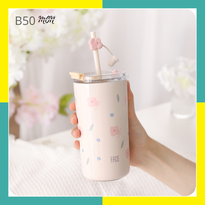 🌸sẵn🌸 Ly nước giữ nhiệt inox 316 họa tiết hoa baby dễ thương, tặng kèm túi nhựa - B50