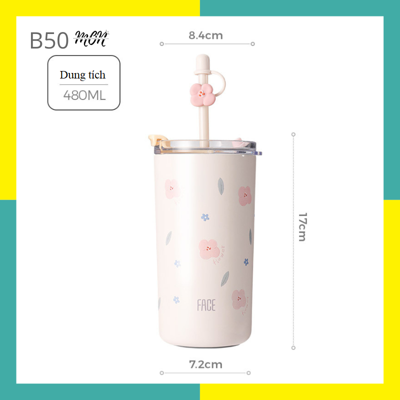 🌸sẵn🌸 Ly nước giữ nhiệt inox 316 họa tiết hoa baby dễ thương, tặng kèm túi nhựa - B50