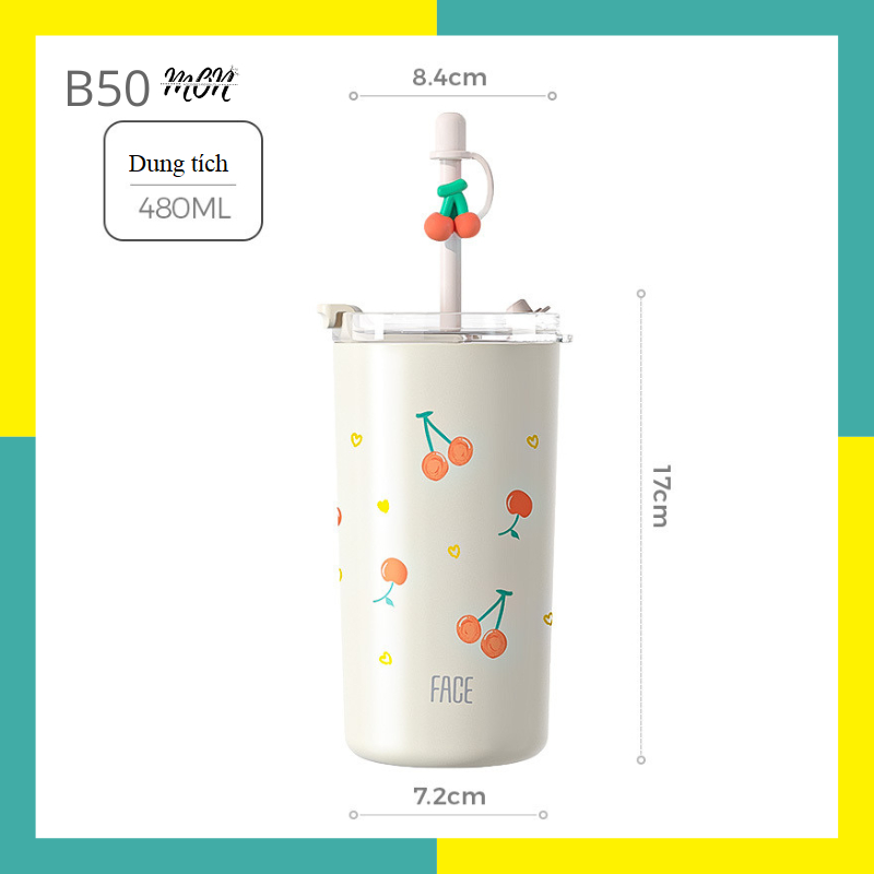 🌸sẵn🌸 Ly nước giữ nhiệt inox 316 họa tiết hoa baby dễ thương, tặng kèm túi nhựa - B50