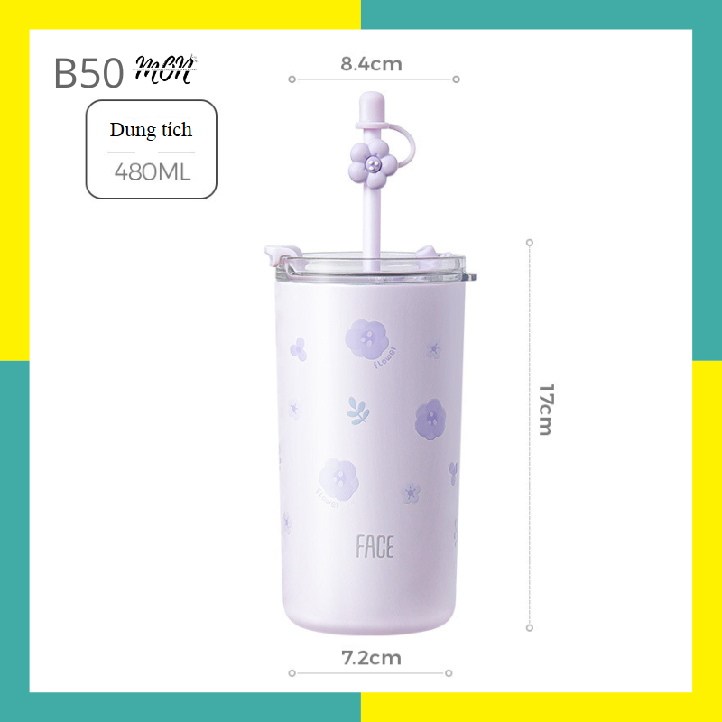 🌸sẵn🌸 Ly nước giữ nhiệt inox 316 họa tiết hoa baby dễ thương, tặng kèm túi nhựa - B50
