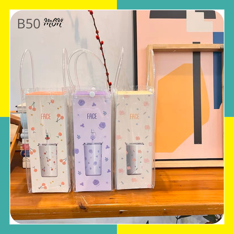 🌸sẵn🌸 Ly nước giữ nhiệt inox 316 họa tiết hoa baby dễ thương, tặng kèm túi nhựa - B50