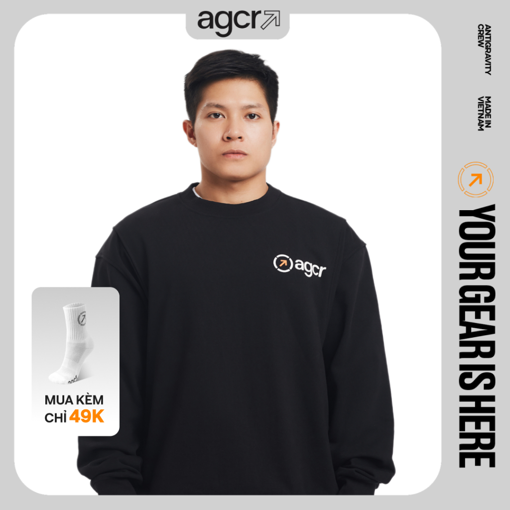 Áo thun nỉ nam AGCR co giãn 4 chiều cơ bản logo Airflow Sweater - Black