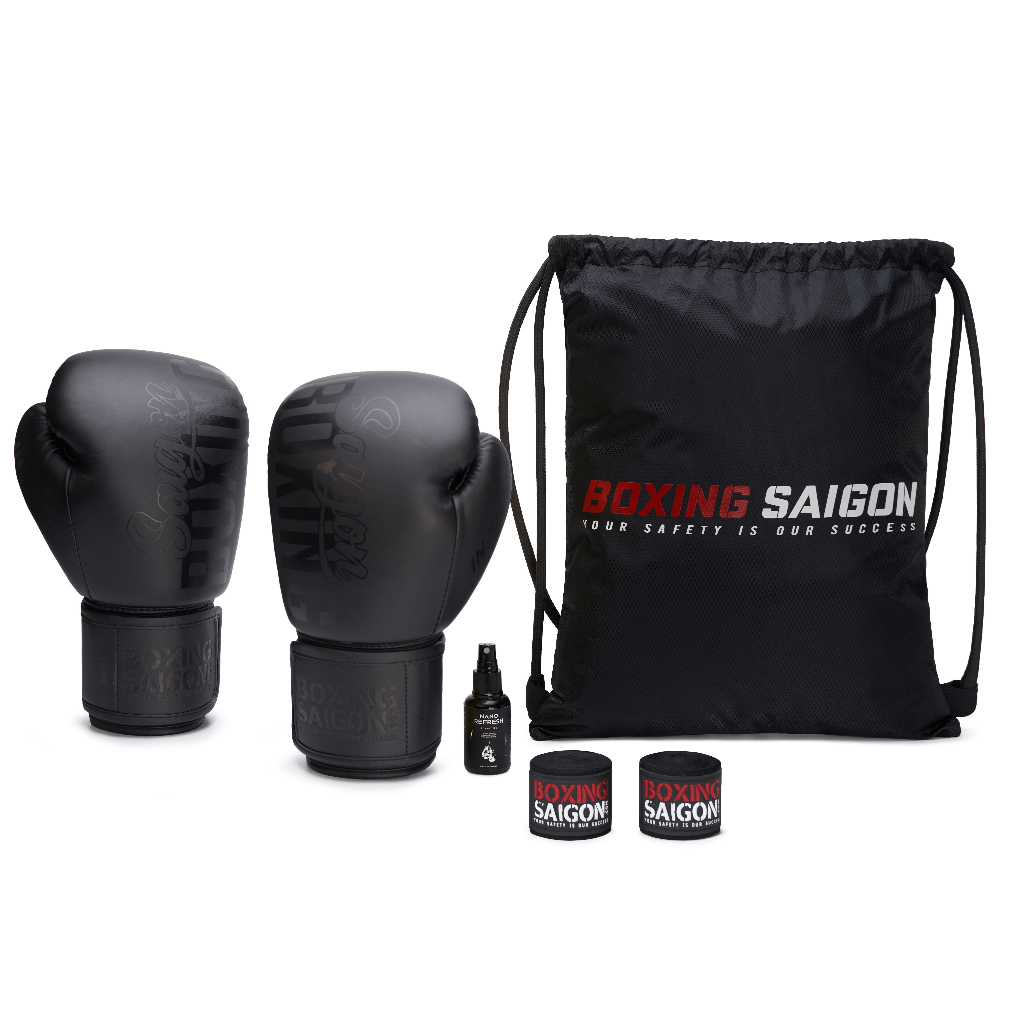 Combo Găng Tay Boxing Saigon + Băng Quấn Tay 4m5 (tặng túi rút & xịt) - Matte Black