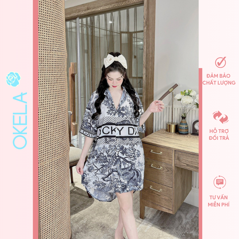 Váy sơ mi xuông dáng dài đầm ngủ mặc nhà dễ thương thiết kế xinh đẹp lụa ngủ cao cấp OKELA MO