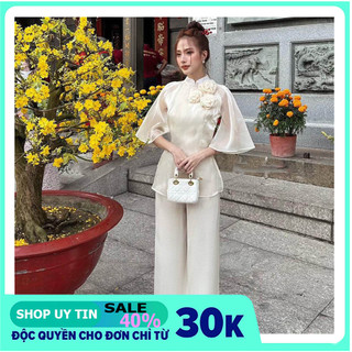 Đồ lam đi chùa nữ cổ tròn tay loe đính hoa 3D Pháp phục đi chùa cách tân Bộ bà ba đi lễ lụa mềm mịn, trang nhã