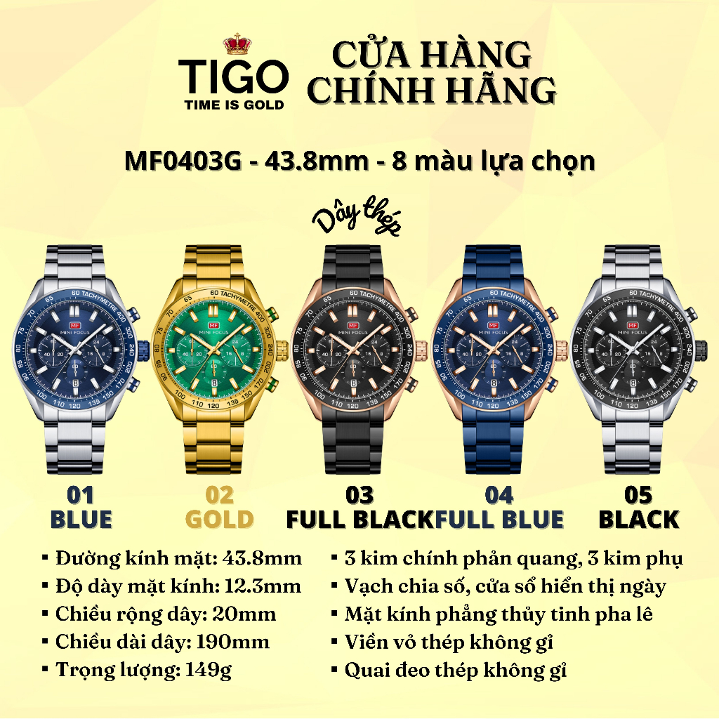 Đồng Hồ Nam MINI FOCUS MF0403G.02 Dây Thép Vàng Viền Vàng Thép Không Gỉ Cao Cấp Mặt Tròn Đường Kính 43.8mm Chống Nước