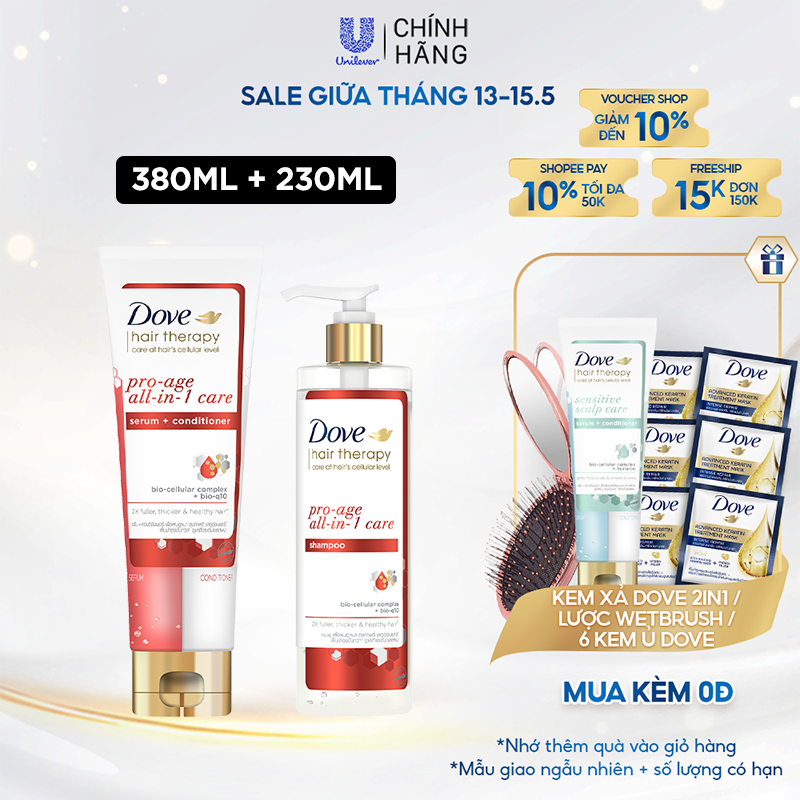 Combo Dầu gội và Kem Xả Serum 2 trong 1 Dove Pro-age Tóc phồng dày và Ngăn lão hóa 380ml, 230 ml