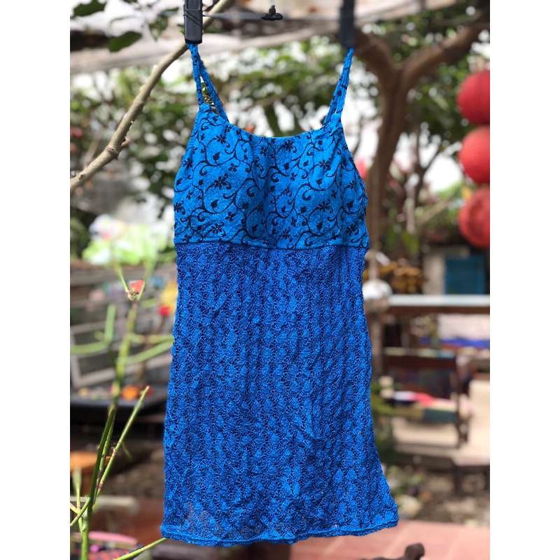2HAND - SWIMSUIT ĐỒ BƠI 1 MẢNH KIỂU DÁNG ĐẦM DÂY BODY CHẤT NHUNG PHỐI REN HOẠ TIẾT VINTAGE 90S Y2K