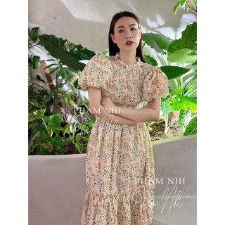 Váy hoa chun ngực tay bồng,váy maxi đuôi cá hoa trắng mặc đi du lịch quá tuyệt vời