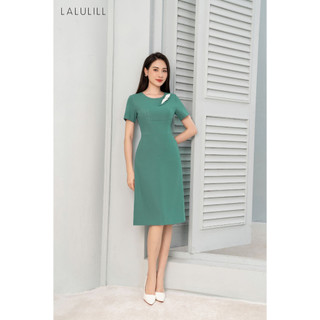 Đầm công sở LALULILL dáng A đứng nơ đính ngực tuýt xi xanh crom LDL2300601