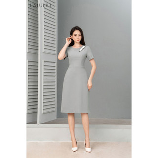 Đầm công sở LALULILL dáng A đứng nơ đính ngực tuýt xi ghi sáng LDL2300603
