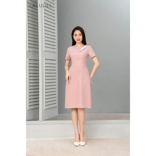 Đầm công sở LALULILL dáng A đứng nơ đính ngực tuýt xi hồng nude LDL2300602