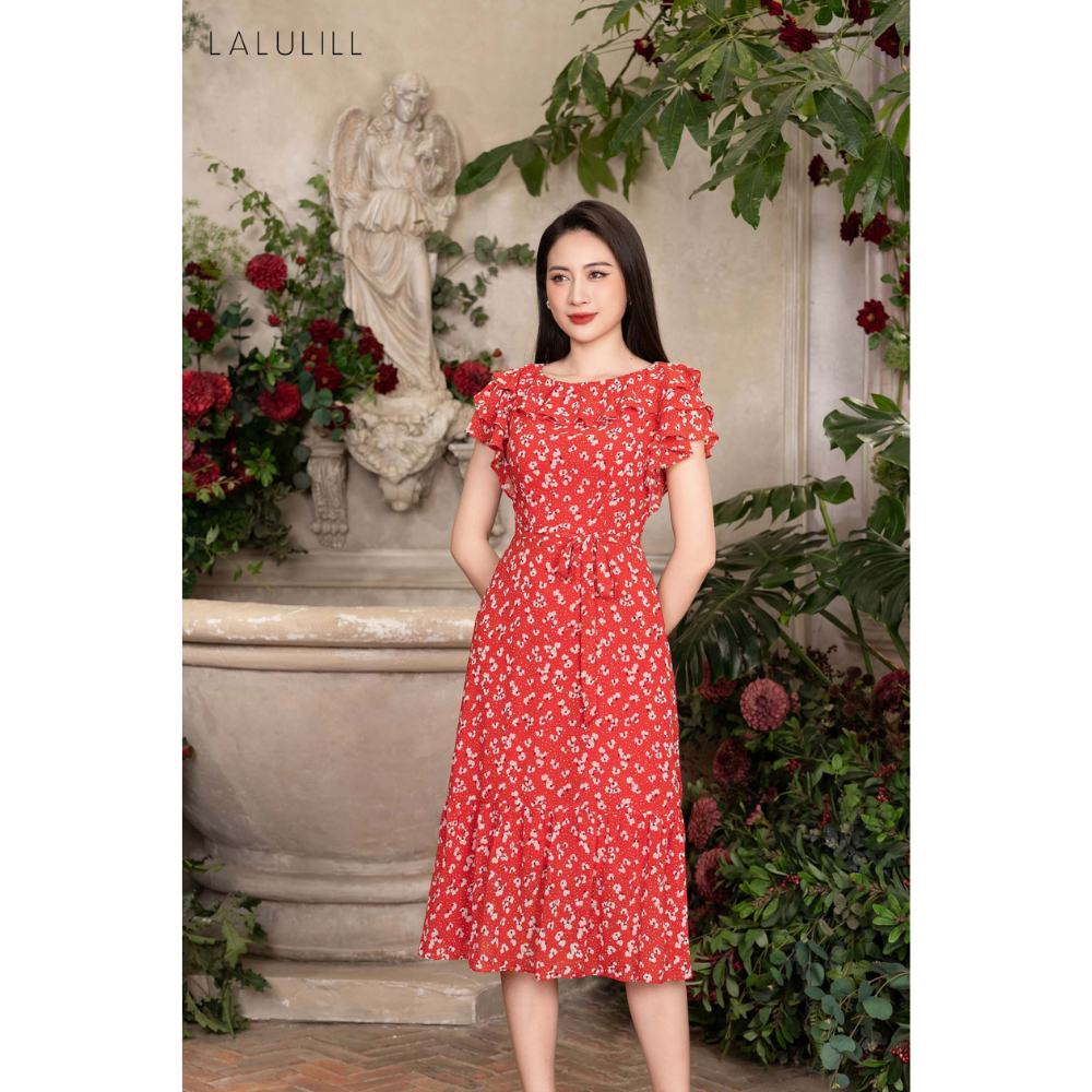 Đầm hoa nhí LALULILL cổ bèo eo thắt đai chiffon đỏ LDL2305601