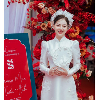 Áo Dài Cô Dâu Tay Bồng, Áo Dài Cưới  Chất Liệu tapta 2 Tà Hàng Thêu Kết Thủ Công