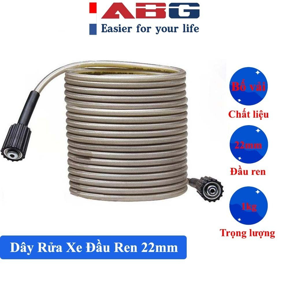 Dây Rửa Xe Cao Áp ABG - Áp Lực Cao 15m Dùng Cho Máy Rửa Xe Đầu Ren 22mm