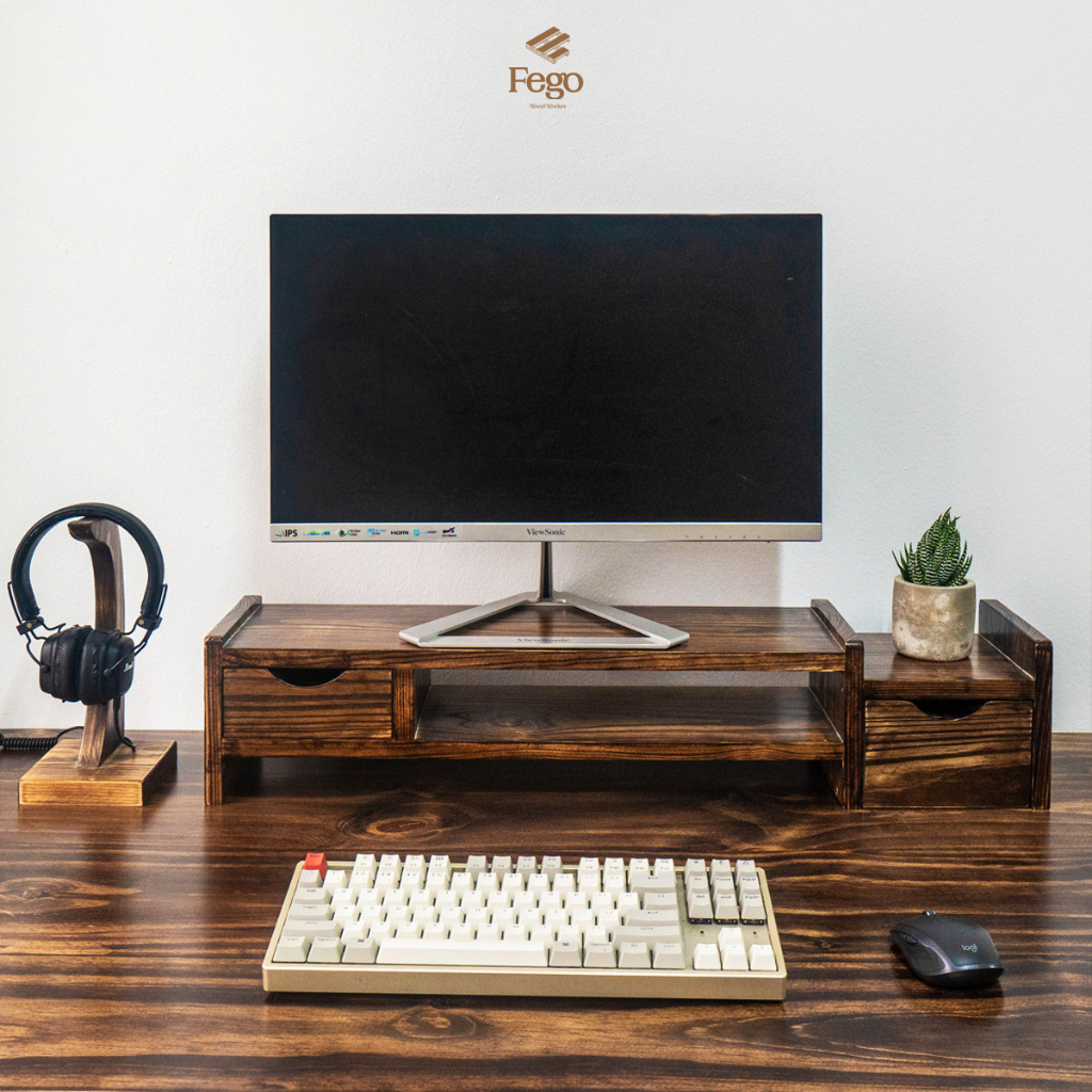 Kệ màn hình FEGO kết hợp ngăn kéo gỗ thông tự nhiên dành cho văn phòng và làm việc tại nhà