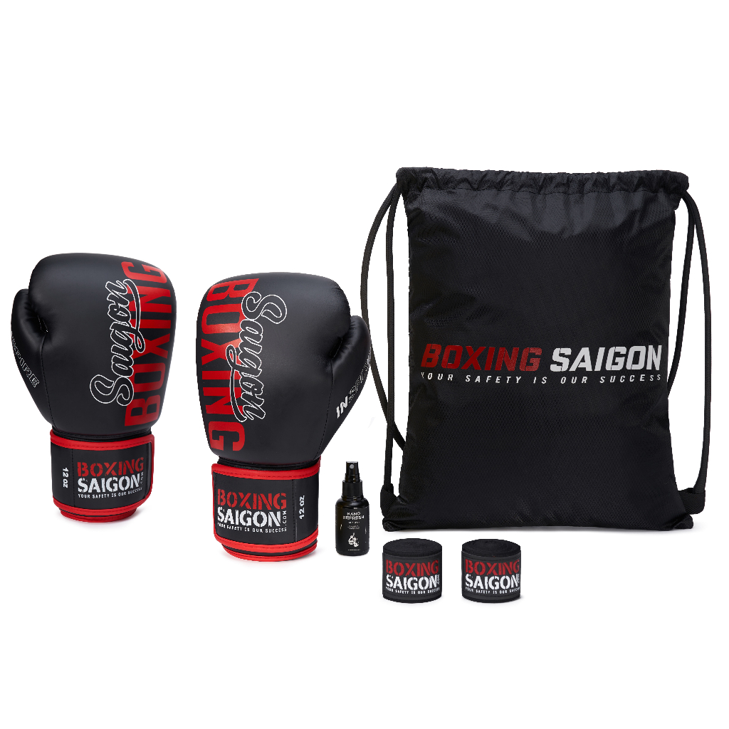Combo Găng Tay Boxing Saigon + Băng Quấn Tay 4m5 (tặng túi rút & xịt) - Black/Red