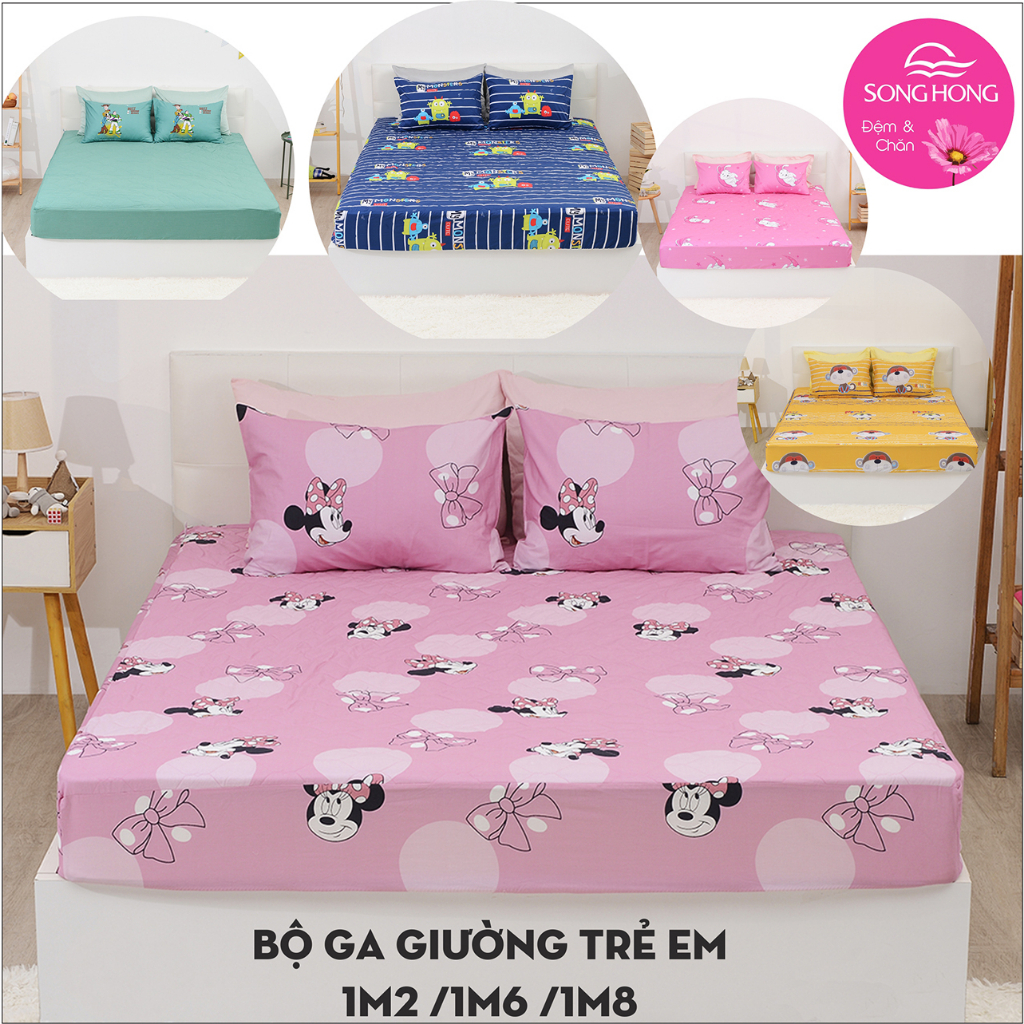 Bộ ga giường trẻ em 1m2/1m6/1m8 - Ga chun, có chần, chất cotton - Sông Hồng Chính hãng.