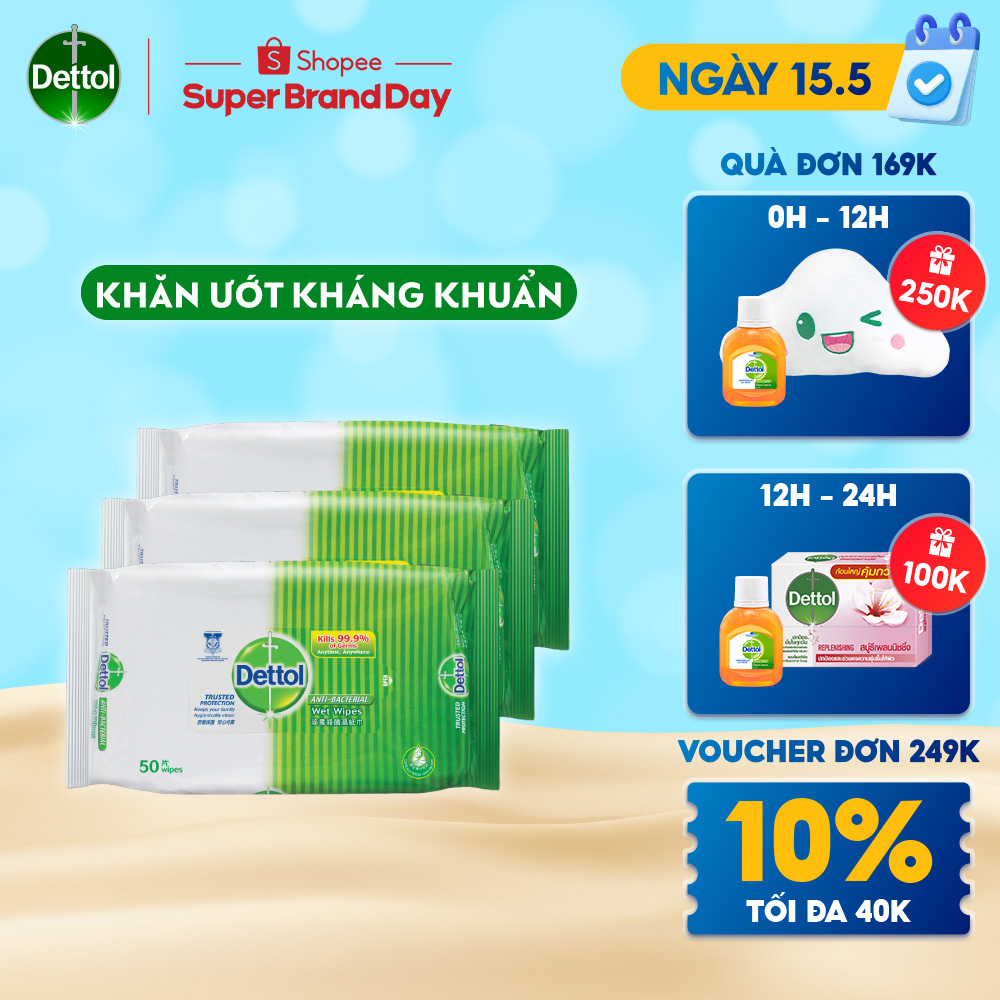 Combo 3 khăn ướt Dettol kháng khuẩn
