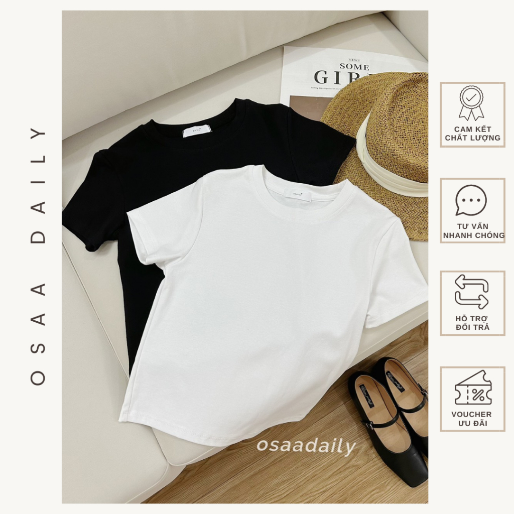 Áo thun ôm trơn cộc tay nữ cổ tròn chất cotton dày dặn OSAA DAILY