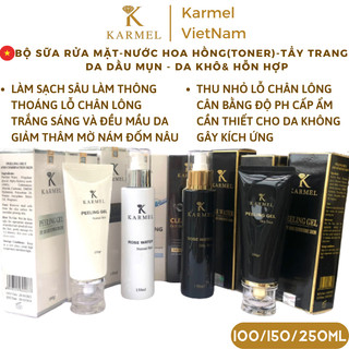 Bộ sữa rửa mặt, Toner Nước hoa hồng, Tẩy trang, tẩy tế bào chết sạch mụn dưỡng trắng da mụn, khô và hỗn hợp Karmel