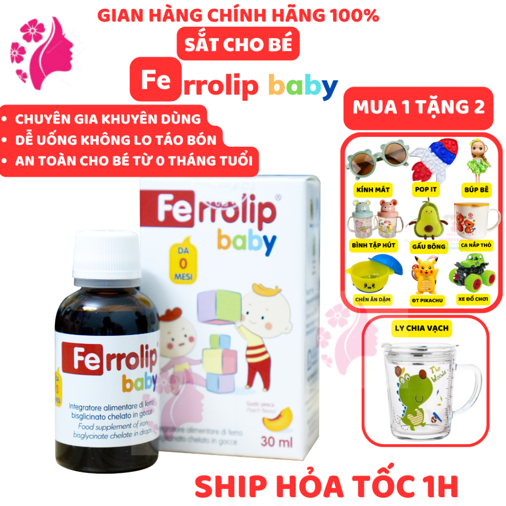 Sắt cho bé Ferrolip Baby vị đào tự nhiên dễ uống hộp 30ml + gói tăm bông