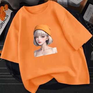 NN AT 0027 Áo thun cotton from rộng unisex in hình cô gái nón cam