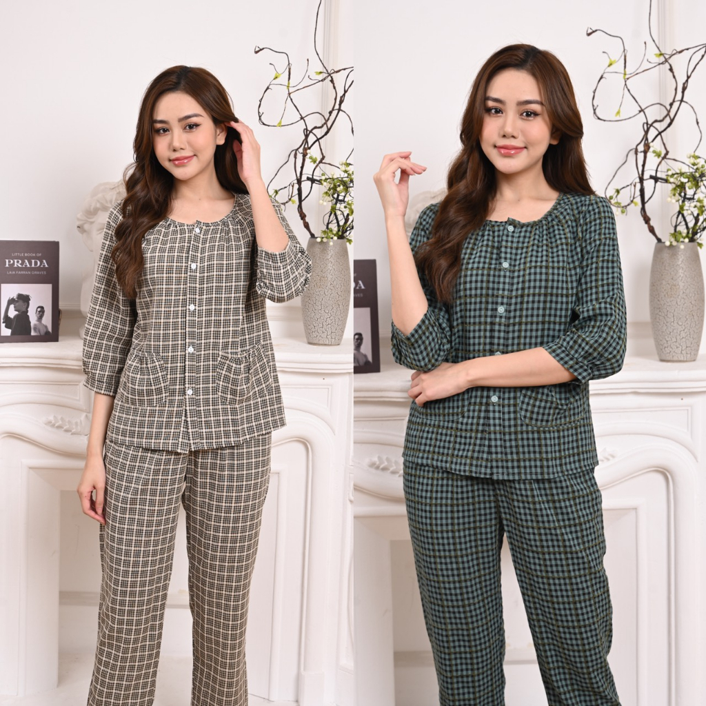 Bộ pijama Nữ,Bộ Ngủ Kẻ Karo chất thô boy cao cấp mềm mịm,không Bai,không Dão của Larosa