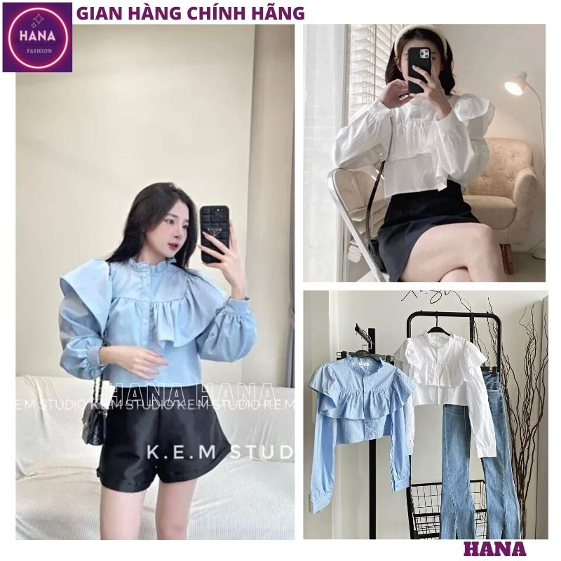 Áo sơ mi dài tay cổ tàu dáng ngắn tiểu thư thời trang, Áo sơ mi croptop cổ viền bèo tay bồng điệu đà cực xinh - HANA