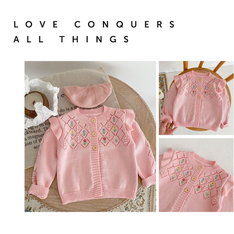 Áo khoác bé gái TIỆM KIDS NHÀ MIN, Áo Khoác Cardigan Dệt Kim Tay Dài Chống Nắng, vải len màu hồng, thêu hoa