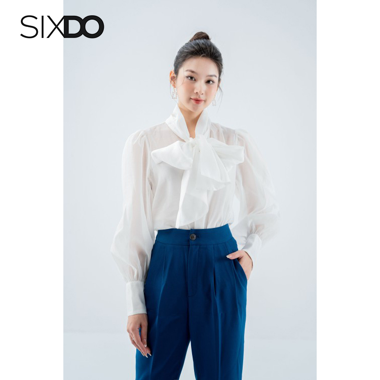 Áo sơ mi nữ tơ tạo kiểu buộc nơ cổ SIXDO (White Bishop Sleeves Shirt)