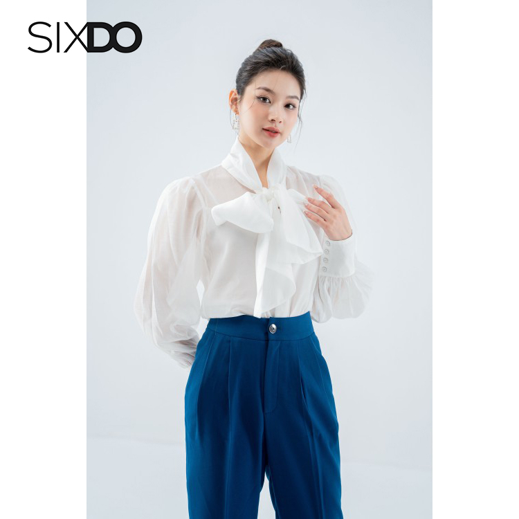 Áo sơ mi nữ tơ tạo kiểu buộc nơ cổ SIXDO (White Bishop Sleeves Shirt)