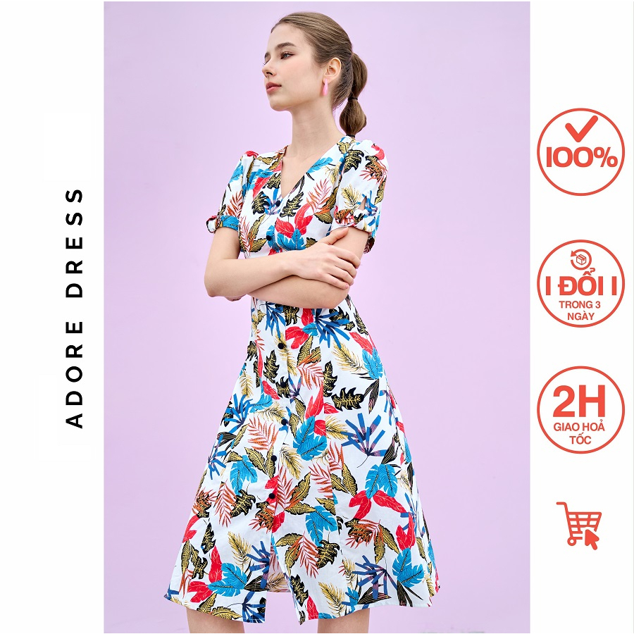 Đầm Midi dresses thô trắng hoạ tiết tropical cổ tim 311DR2025 ADORE DRESS