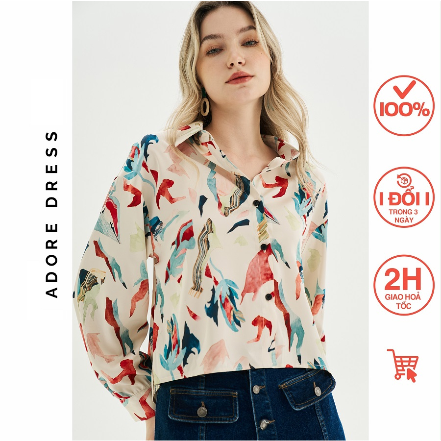 Áo sơ mi Shirts lụa bóng trắng in họa tiết 313SH1004 ADORE DRESS