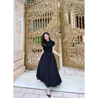 Đầm midi đen cổ tròn phối chất thun tăm và thô lụa 1 màu V2810 Aholic