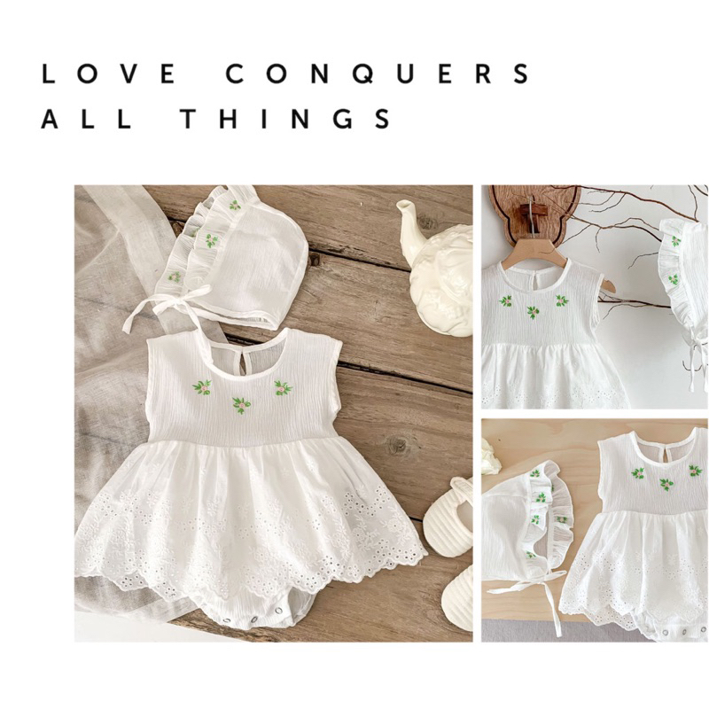 Bodysuit cho bé gái TIỆM KIDS NHÀ MIN, vải muslin trắng sát nách có nón hoa cúc xanh