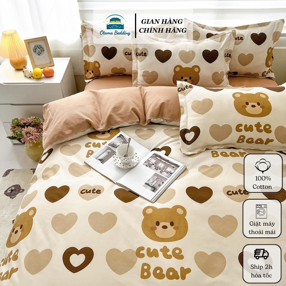 Bộ chăn ga gối nệm 4 món cotton poly tim gấu nâu cute dễ thương cho bé Otama Bedding drap nệm bo chun đủ size từ 1m2
