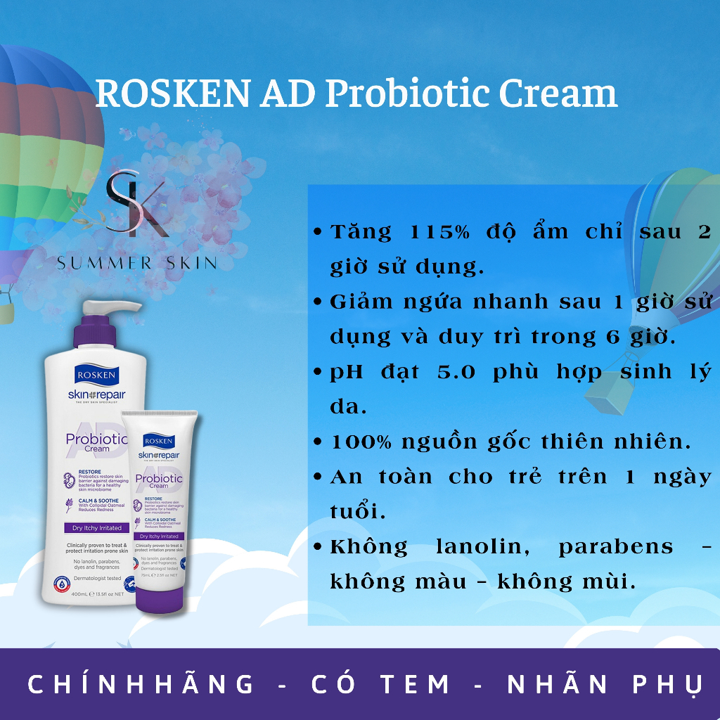 Kem Chăm Sóc da Rosken AD Probiotic Cream 75ml & 400ml - Da Khô/ Chàm/ Vảy Nến/ Eczema