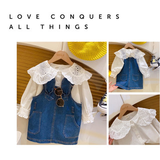 Yếm jean bé gái TIỆM KIDS NHÀ MIN, vải jean hình tai thỏ + áo sơ mi trắng bèo to
